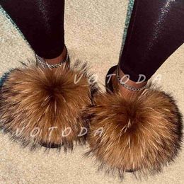 Slippers Summer Women Fur Slippers Woman Fluffy Raccoon Fox Fur Slides Female Furry Outside Flat Flip Flop Ladies Rainbow Slip On Sandals L230717