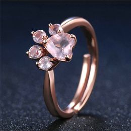 Women's Rosegold Plated Cute Cat Paw Shape Inlaid AAA Zircon Open Style Ring Adjustable Fashion Jewellery Gifts R0298