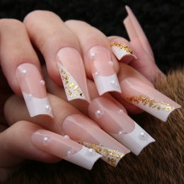 False Nails Square Press on Nails Handmade Classic French nails Gold Foil Mixed Pearl Design Art Long Fake Nails Custom 230715