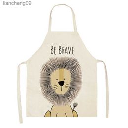 Cartoon Lion Elk Bear Fox Printed Cotton Linen Aprons for Women Sleeveless Baking Bibs Cute Apron for Kid Home Cleaning Tools L230620