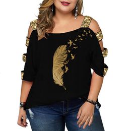 Women's Plus Size T-Shirt Casual Loose Plus Size Women's T-Shirt Buttlefly Leaves Print Hollow Out Sleeve Tops Vintage Pullover Oversized Tee Shirt 230715