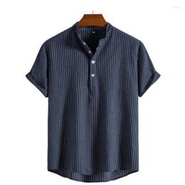 Men's Dress Shirts Summer Stand Collar Stripe Short Sleeve Shirt National Style Loose And Blouse