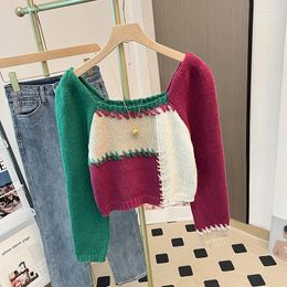 Women's Sweaters Color Contrast Clothing Korean Chic Sweater Stripe Patchwork Elegant Jacquard Long Sleeve Knitting Top Female