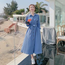 Casual Dresses Women's Dress Long Sleeve Female Spring Temperament French Retro Gentle Blue Single Breasted Loose Big Size Skirt