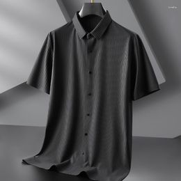 Men's Casual Shirts Plus Size 7XL High Elasticity Summer Luxury Vertical Striped Seamless Short Sleeve Single Breasted Man Dress