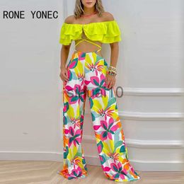Women's Two Piece Pants Women Chic Spaghetti Strap Solid Criss Cross Lace Up Ruffle Crop Top Floral Print Pants Sexy Pants Sets J230717