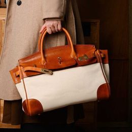 Platinum Luxurys Handbag Leather Top Bag American Canvas with Layer Cowhide Vegetable Tanned Fashion Womens Leisure Mens Satchel