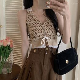 Women's Tanks Plaid Knitted Summer Tops Women Korean Sleeveless Lace Up Knitwear Cropped Sexy Streetwear Shirts Floral