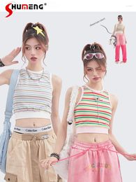 Women's Tanks Japanese Style Harajuku Sleeveless Strips Strap Vest Woman 2023 Summer Girl Contrast Colour Striped Slim Crop Tops