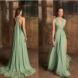 Sexy Long Chiffon Green Evening Dresses With Slit A-Line Floor Length V-Neck Pleated Open Back Zipper Formal Party Gowns for Women