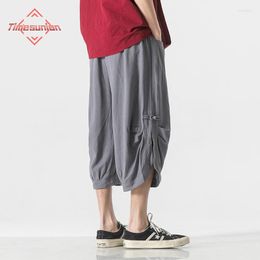 Men's Pants Summer Men Cotton Linen Casual Baggy Sweatpants Disc Buckle Mens Harajuku Streetwear Vintage Joggers Male Harem