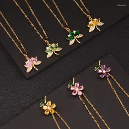 Pendant Necklaces Flower Leaves Zircon Titanium Steel Necklace For Women Y2K Trendy Korean Gold Colour Chain In Jewellery