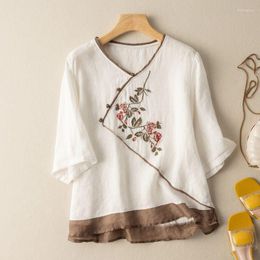 Ethnic Clothing Style Retro Slanted Button Shirt For Women Summer Loose V-neck Embroidered Top Traditional Chinese