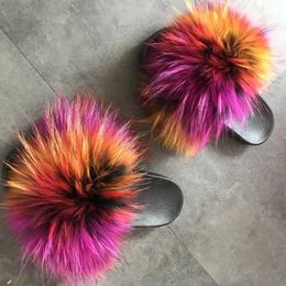Slippers 2020 New Fashion Real Fox Hair Slippers Flip Flops Summer Shoes Beach Slippers Slides Slip On Shoes Furry Slippers L230717