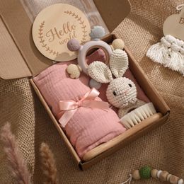 Gift Sets 1Set Baby Bath Toy Set Food Grade Silicone Teether Toys Wooden Ring Crochet Rattle Milestones Card Bath Brush For born Gift 230717