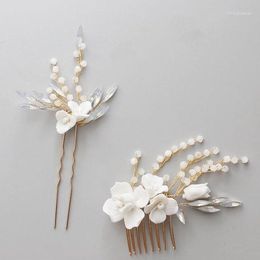 Hair Clips Wedding Accessories Porcelain Flower Head Pieces Opal Combs Pins For Brides Party Gold Colour Hairpins Bridal Jewellery