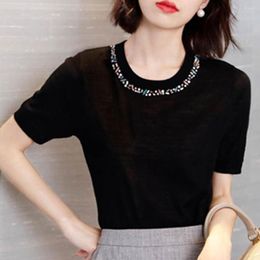 Women's T Shirts 2023 Women Summer Shirt Vintage Knitted Ice Silk Short Sleeve Tops Casual Beading Pullover Tee Harajuku