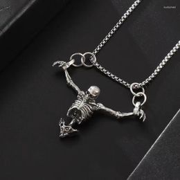 Pendant Necklaces Retro Punk Silver Color Skeleton Necklace Men Women Hip Hop Rock Skull Long Chain Gothic Halloween Jewelry Gift