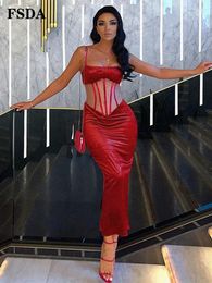 Casual Dresses FSDA 2023 Red Strap Velvet Mesh Elegant Dress Bodycon Bakless Autumn See Throgh Off Shoulder Party Women Club Fashion