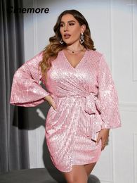 Plus Size Dresses Cinemore 2023 Women's Dress Sexy Long Sleeves V Neck Zipper Belt Wrap Slim Sequin Mini Female Clothing