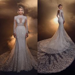 Fashion High Neck Mermaid Wedding Dresses Illusion Full Sleeve Lace Bridal Gowns Sweep Floor Party Dress Vestido De Novia