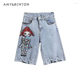 Women's Shorts 2023 Summer Style Streetwear Heavy Industry Light-Colored Embroidered High Waist Slimming Denim Pants Fifth Booty