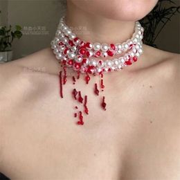 Pendant Necklaces Blood drop pearl Y2K cool bloodthirsty four layer resin red bead pendant multi layer necklace CHOKER 230427