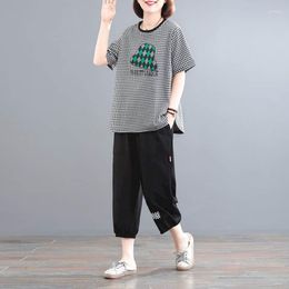 Women's Two Piece Pants Plaid Sets Korean Fashion Loose Short Sleeve Oversized O-neck T-shirt And Black Harem Set Women Outfits