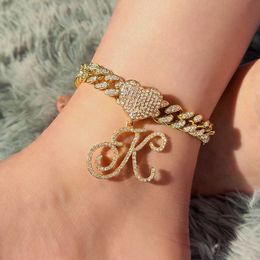 Anklets Initial Cursive Cuban Link Chain Iced Out Anklet for Women Gold Silver Colour Bling Hip Hop Heart Bracelet Foot Jewellery 230607