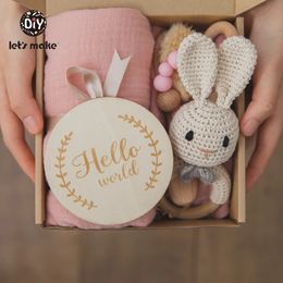 Gift Sets Let's Make 1set Baby Stuff Bath Towel Cotton Blanket Brush Gift Products For Kids Toy Crochet Rattle Box Christmas Present Gift 230717