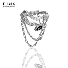 F.I.N.S Punk S925 Sterling Silver Zircon Inlaid Ring Ins Style Open Adjustable Rings Layered Chain Irregular Index Finger Ring