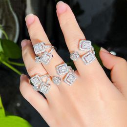 CWWZircons Sparkling Popular Design White Baguette Cubic Zirconia Paved Silver Colour Adjustable Open Rings for Women Party R258