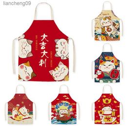 Japanese Cartoon Lucky Cat Decoration Sleeveless Apron Cotton Linen Kitchen Aprons Women Home Cooking Baking Waist Bib Pinafore L230620