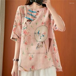 Ethnic Clothing 2023 Traditional Chinese Vintage Blouse Women Cotton Linen Qipao National Flower Print Loose Streetwear