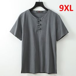 Summer Linen T-shirt Men Solid Colour Tshirt Fashion Casual Linen Tees Tops Male Chinese Style Buttons T Shirts Plus Size 8XL 9XL