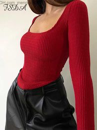 Women's Knits Tees FSDA 2022 Red Square Neckline Long Sleeve T-shirt Women's Basic Tight Casual Autumn Winter Sexy Crop Top Street Apparel Y2K Ruffles Z230717