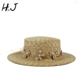 Wide Brim Hats Wheat Straw Women Boater Sun Hat For Lady Summer Beach Flat Sunbonnet Pork Pie With Handmade Flower Size 56-58CM