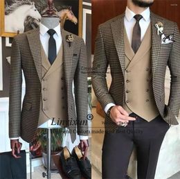 Men's Suits Brown Small Square Blazer Trousers Lattice Pattern Plaid For Wedding Male Prom Outfit 3 Pieces Sets Groom Tuxedos