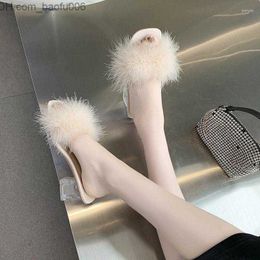 Slippers Sandals Summer Fluffy Peep Toe Sexy High Heels Women Shoes Fur Feather Lady Fashion Wedding Slip-On Pink Square For Wome Z230717