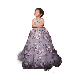 Princess Lavender Lace Little Girls Pageant Dresses 3D Floral Appliques Toddler Ball Gown Flower Girl Dress Tulle First Communion Gowns