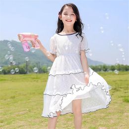 Girl Dresses Girls Summer Polyester The 2023 Korean Version O-Neck Puff Sleeves Child Lace Chiffon Princess Dress