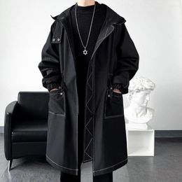 Men's Trench Coats Men Hooded Coat Turn Collar Button Hombre Long Slim Windbreaker British Style Male Clothes W60