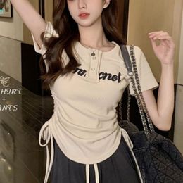 Women's T-Shirt Draws The Rope Short Sleeve T-shirts Women Summer Fashion Slim Tees Tops Harajuku Y2K Shirring Button Girls Crop Top 230717