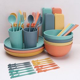 Dinnerware Sets Straw Kitchen Utensils Camping Tableware Set Wheat Cutlery Dishes Picnic Portable