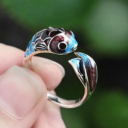 Silver Enamel Colour Koi Fish Adjustable Ring Chinese Classical Niche Design Elegant Charm Ladies Brand Jewellery Party Gift