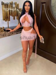 Women's Two Piece Pants Beyprern New Chic See-Through Corset Crystal Mesh Skirt Set Girls Glam Sequin Crop Top And Long Draped Matching Set Pink Outfits J230717