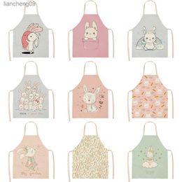 Rabbit Pattern Cleaning Art Aprons Home Cooking Cute Rabbits Kitchen Apron Cook Wear Cotton Linen Adult Bibs 55x68cm L230620