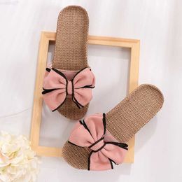 Slippers Mntrerm 2022 New Casual Sneakers For Home Slippers Summer Bow-knot Soft Floor Woman Indoor Flats Shoes Cute Linen Slipper Terlik L230717