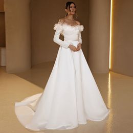 Elegant A Line Off Shoulder Wedding Dresses Handmade Flower Long Sleeve Bridal Gown Ribbon Belt Satin Wedding Gown with Court Train