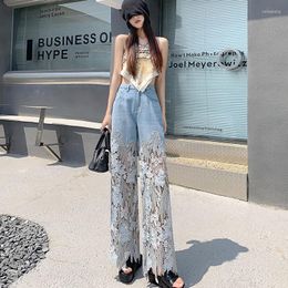 Women's Jeans Trend Fashion High-waisted Wide-legged Trousers Hollow Out Lace Splicing Denim Draped Loose Straight Pants Comfortable Women